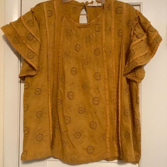 anthropology MUSTARD YELLOW FLATTER SLEEVE EYELET EMBROIDERED COTTON - Picture 15 of 15
